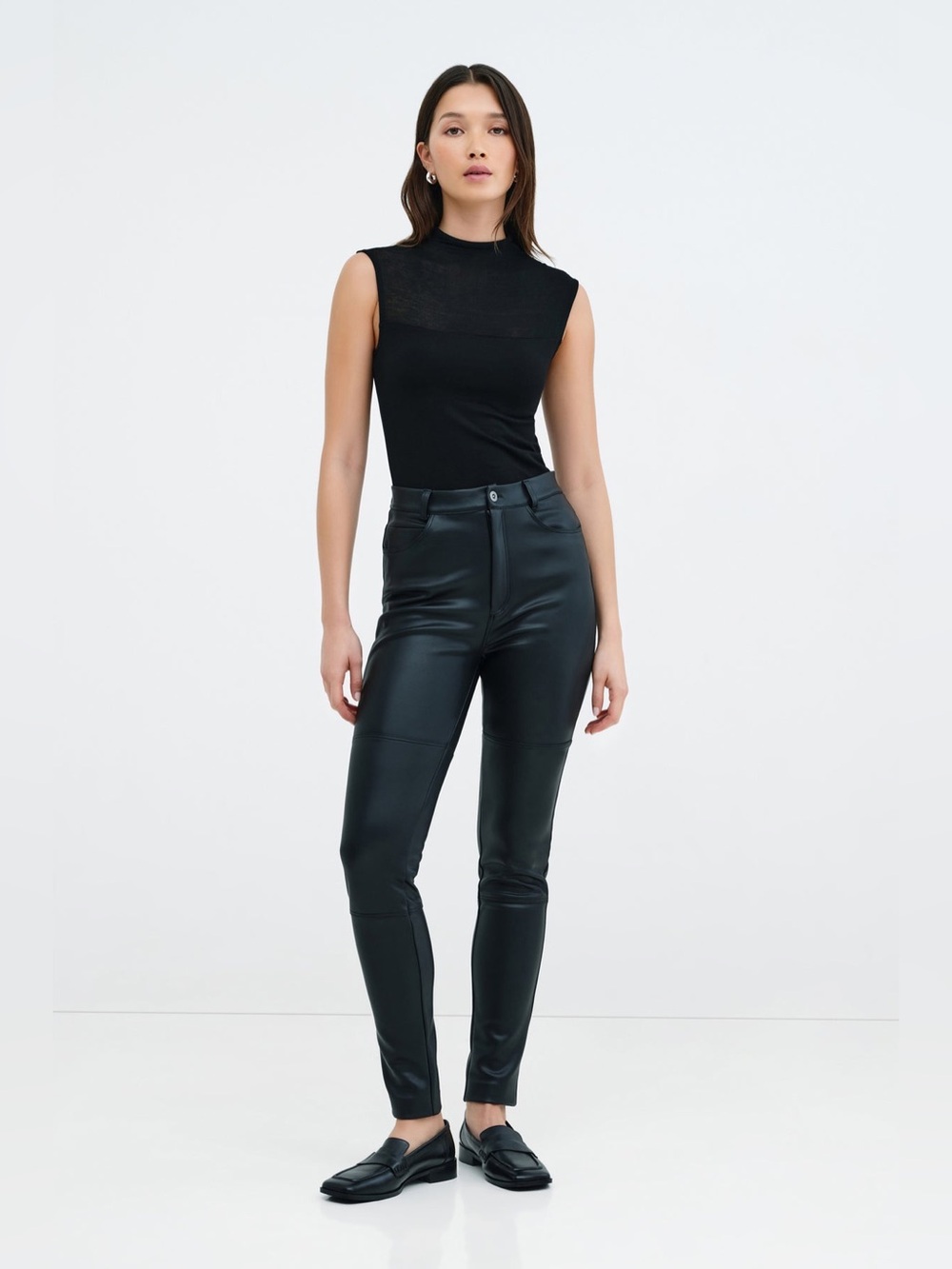 Marcella NYC Mei Glossy Vegan Leather Moto Pants Black Skinny High Rise Large